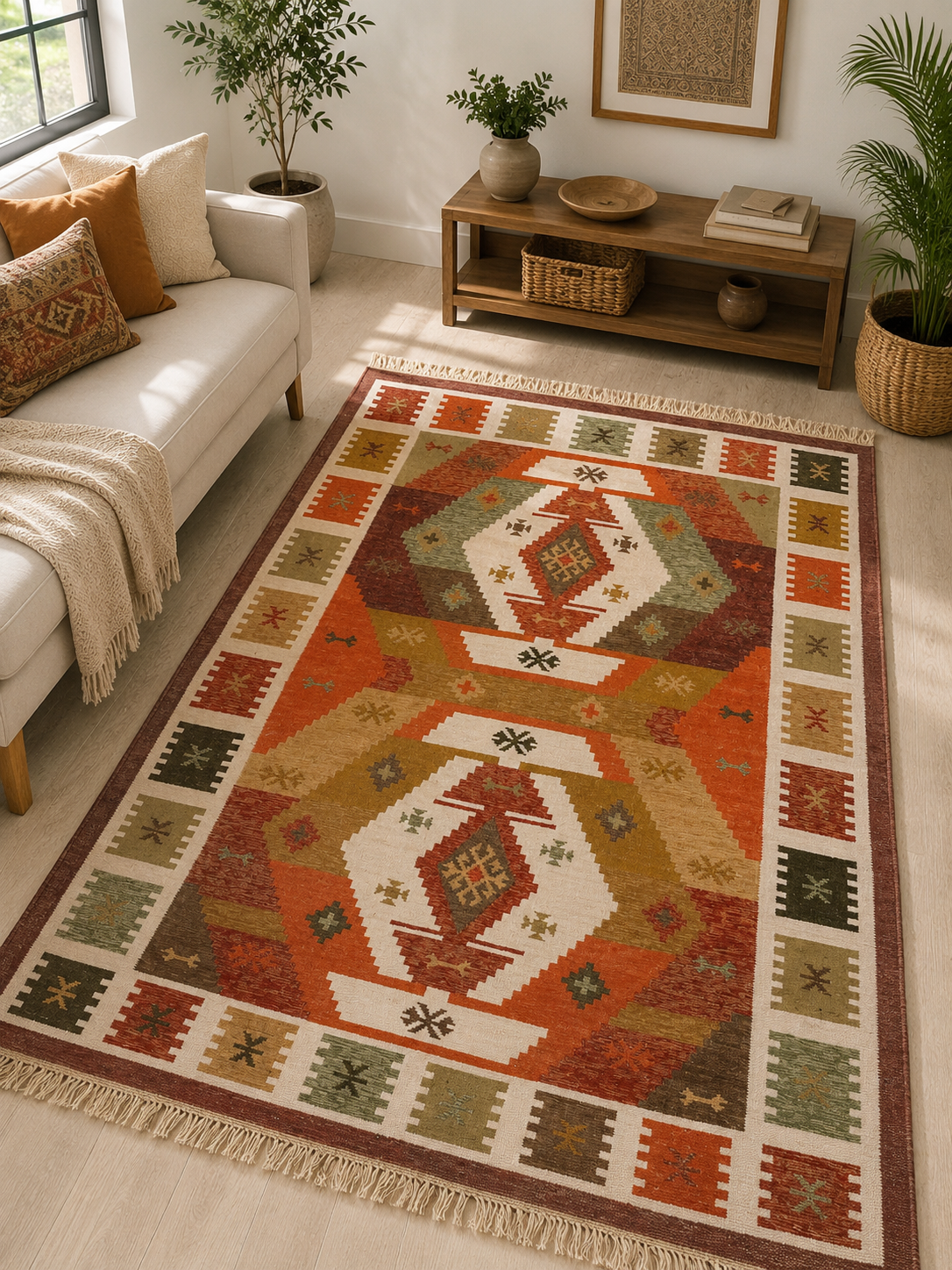 Boho Desert Mosaic Hand  Woven Polyester Kilim